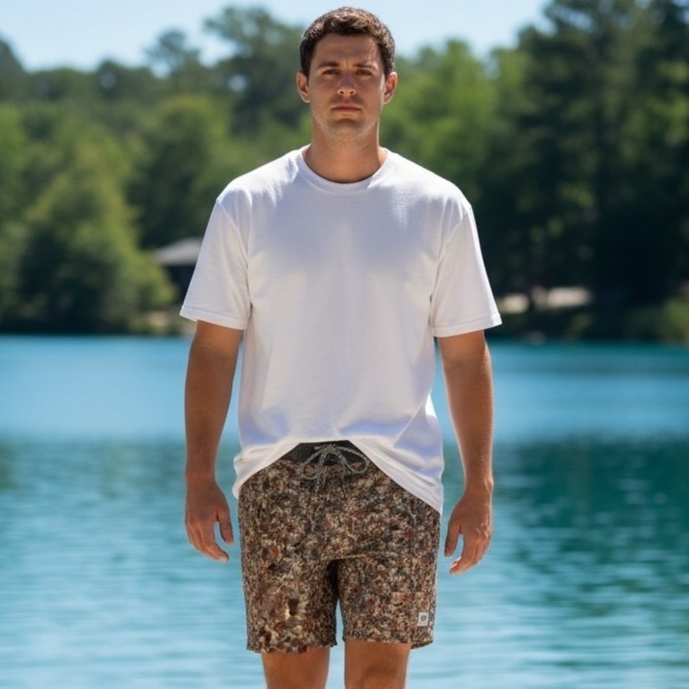 Katin Mens Floral Hybrid Board Shorts Size 32 Tan Orange Grey Surf Trunks 1898